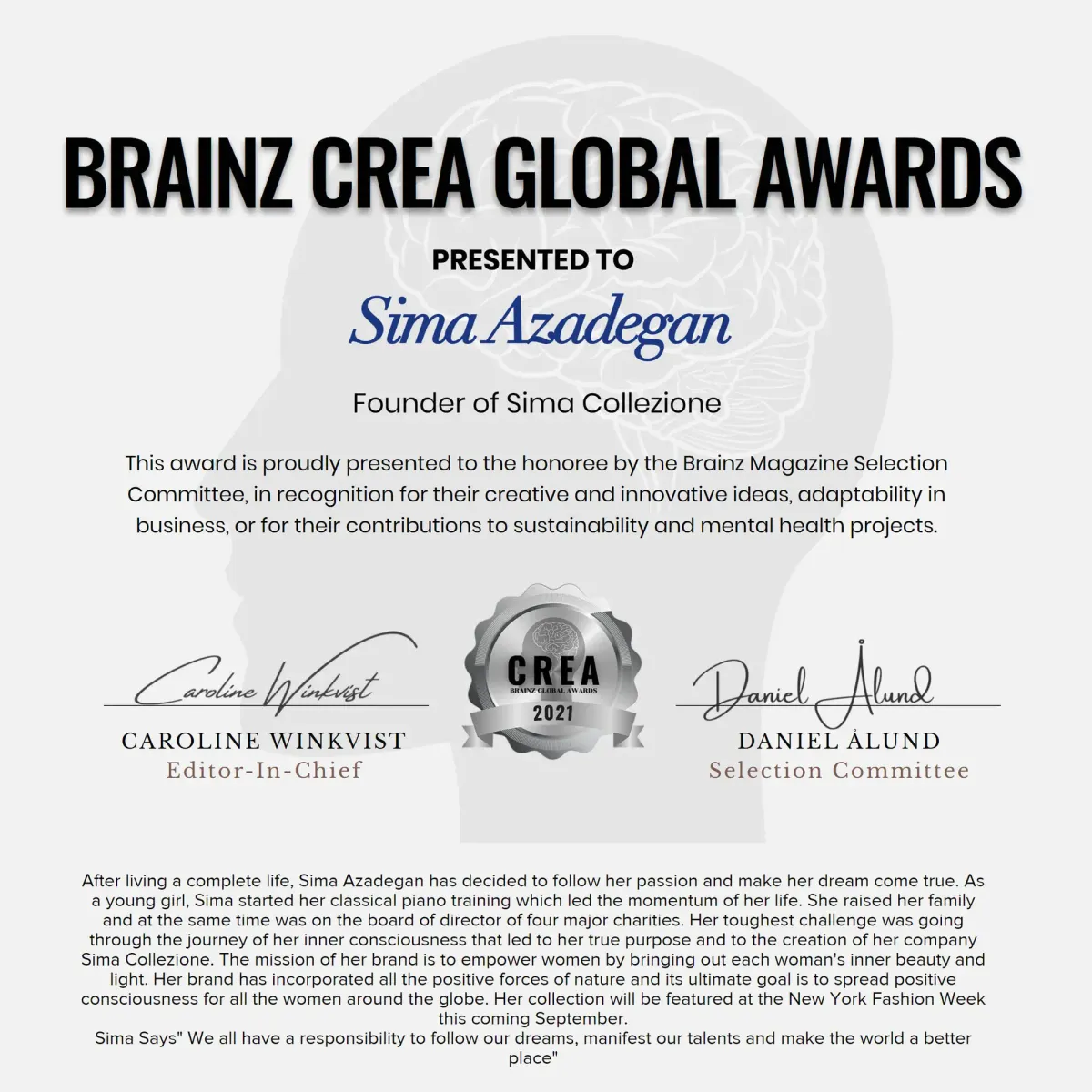 Brainz CREA Global Awards certificate presented to Sima Azadegan