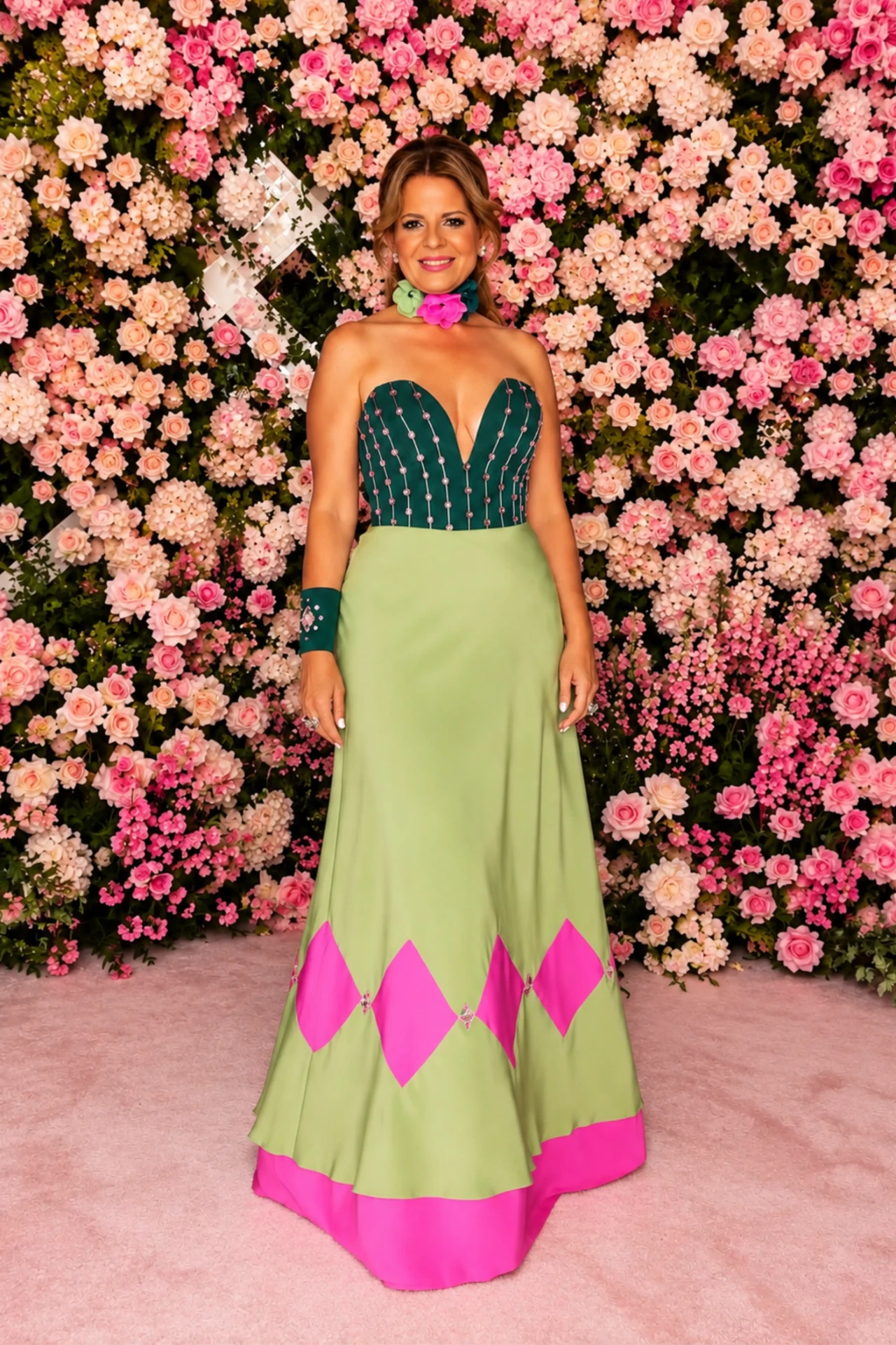 Sima Azadegan in her signature gown before a wall of pink flowers